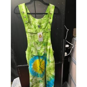 Handmade Tie-Dye Green Cotton Overalls Jumper Dress